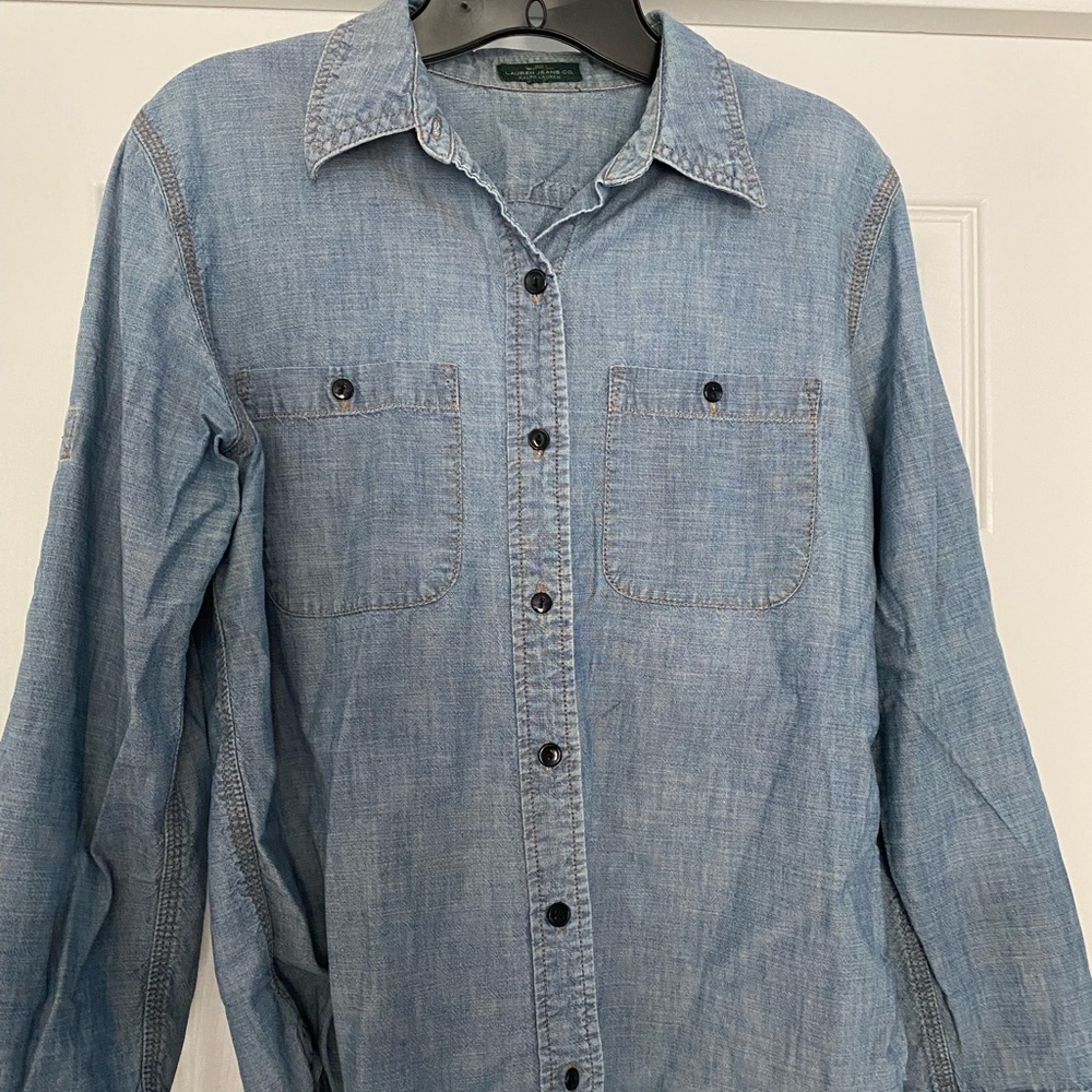 Lauren ladies denim button down shirt. Size medium